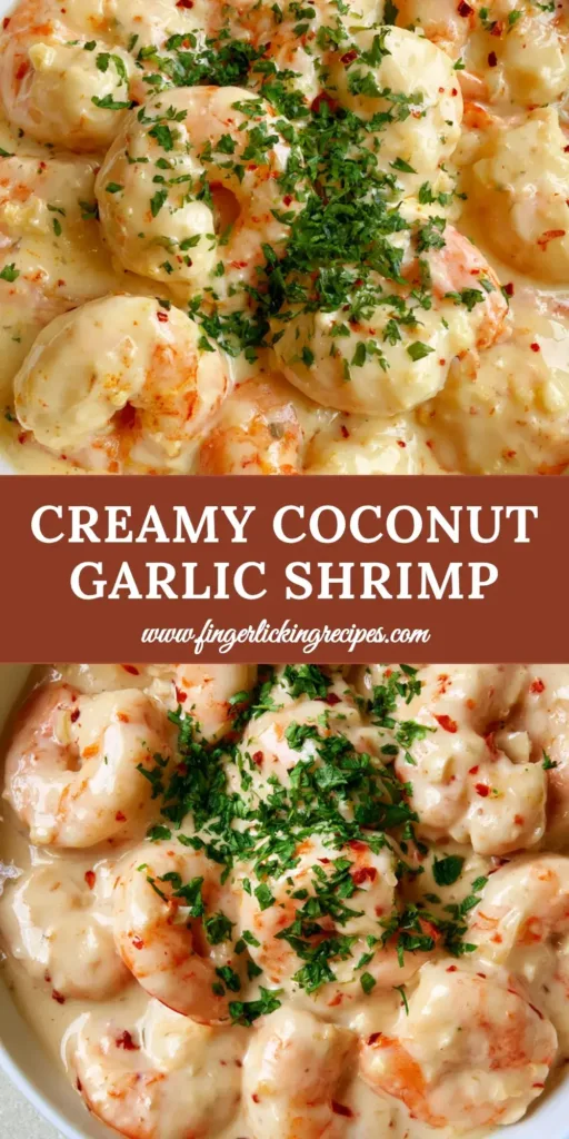 A close-up shot of Creamy Coconut Garlic Shrimp in a white ceramic bowl, showcasing plump pink shrimp in a thick ivory sauce with green parsley garnish.