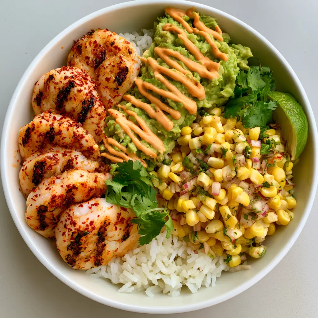 Overhead view of a Grilled Shrimp Bowl in a white bowl on a gray surface with natural lighting.
