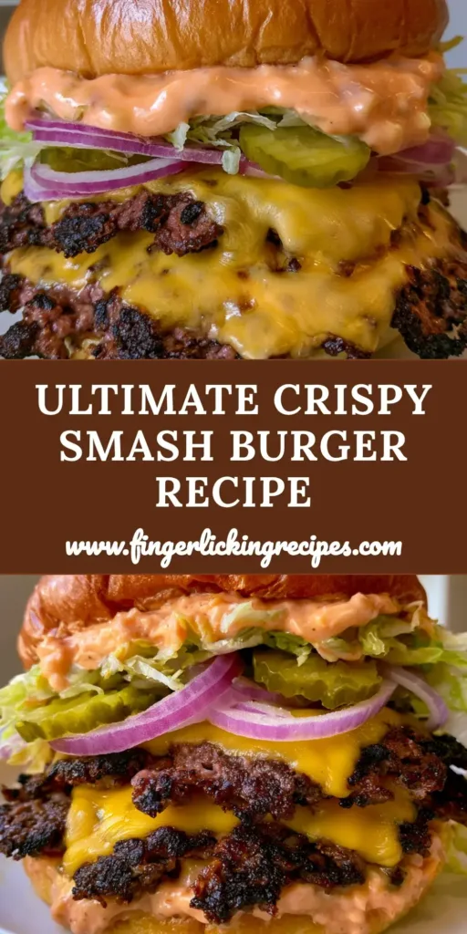 A handheld smartphone photo of a double smash burger with crispy beef patties, melted American cheese, red onions, pickles, and shredded lettuce on a brioche bun. (Smash Burger Recipe)