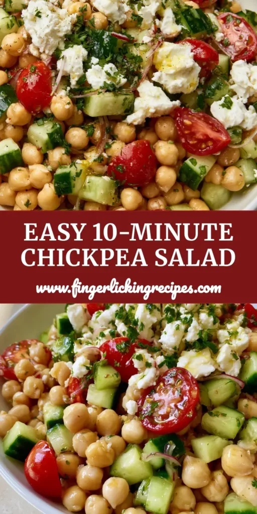 A close-up of a High-Protein Chickpea Salad in a white bowl featuring matte beige chickpeas, bright green cucumber cubes, and glossy red cherry tomatoes on a stone countertop.