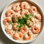 Creamy Coconut Garlic Shrimp: A Velvety 20-Minute Masterpiece Top-down close-up of Creamy Coconut Garlic Shrimp with seared highlights, red chili flakes, and minced garlic specks in a velvety sauce.