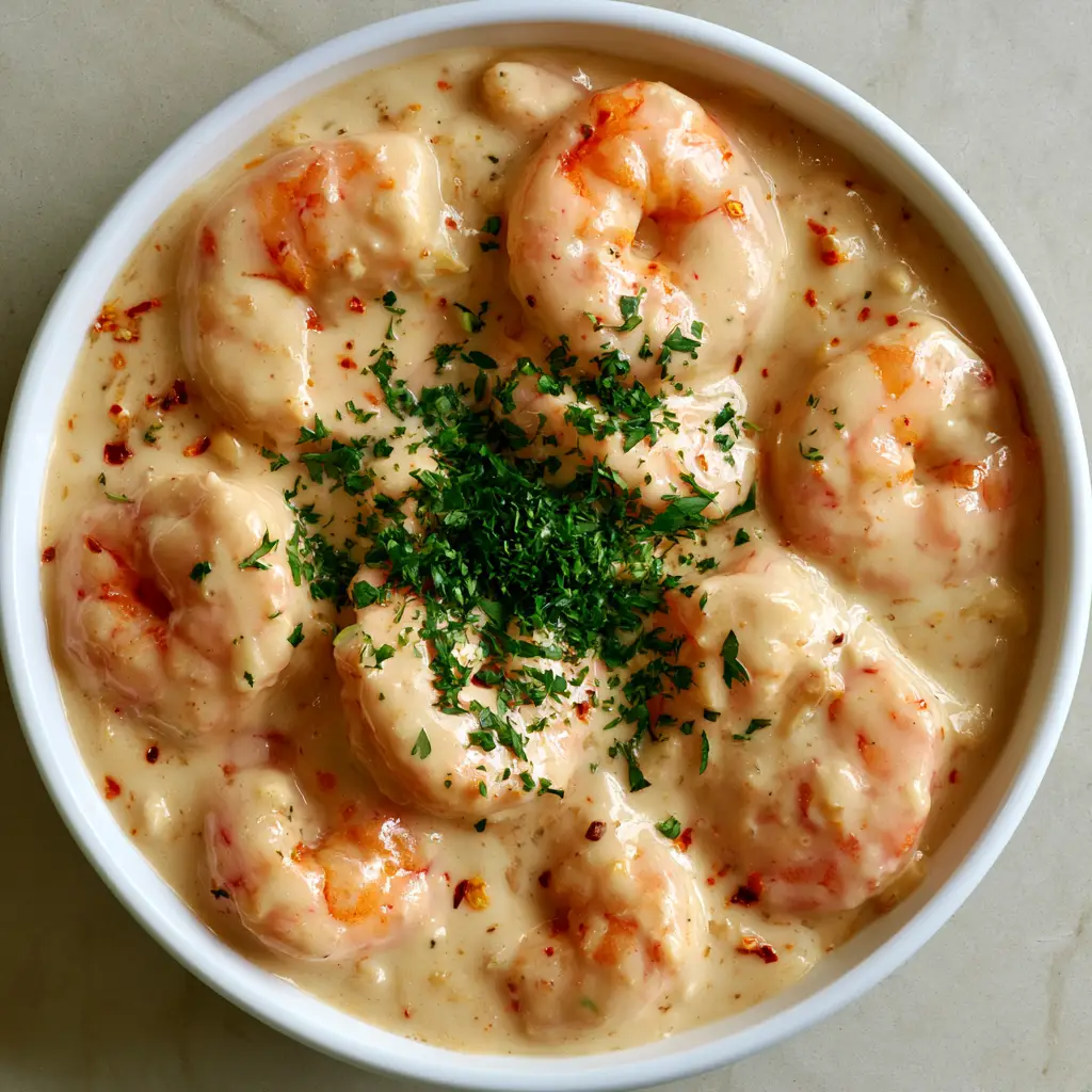 A shallow white ceramic bowl filled with shrimp coated in ivory coconut garlic sauce, garnished heavily with fresh parsley.