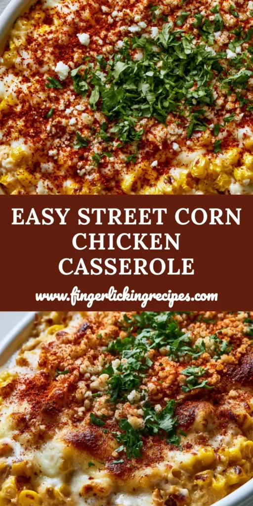 Street Corn Chicken Casserole with Charred Corn and Melty Cheese 5 A bubbling Street Corn Chicken Casserole in a white dish topped with chili powder, cotija cheese, and fresh cilantro with a lime wedge.