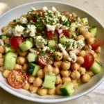 Vibrant High-Protein Chickpea Salad showing uniform cubes of cucumber and halved tomatoes with a light lemon-oil coating.