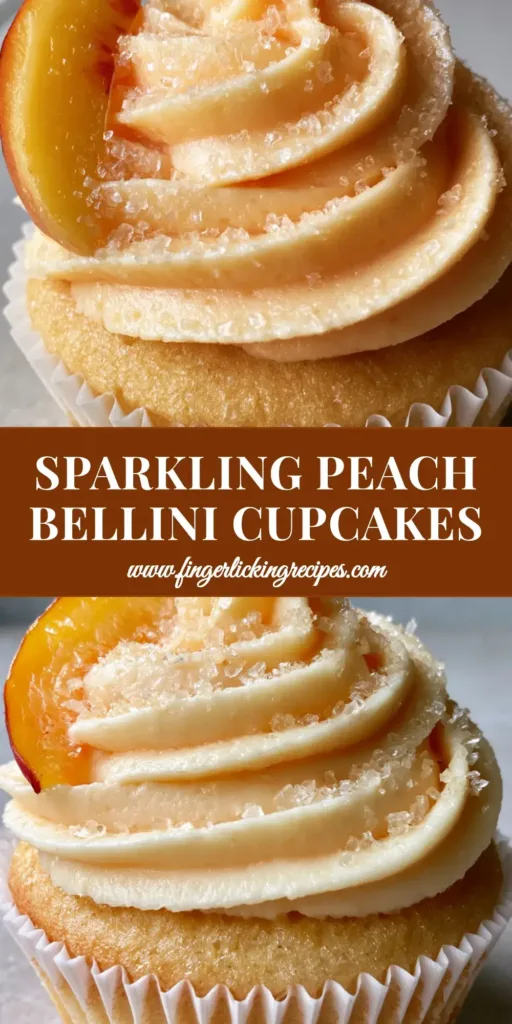 A close-up shot of a Peach Bellini cupcake with a tall peach-colored buttercream swirl, a fresh peach wedge, and coarse sparkling sugar in a white pleated liner.