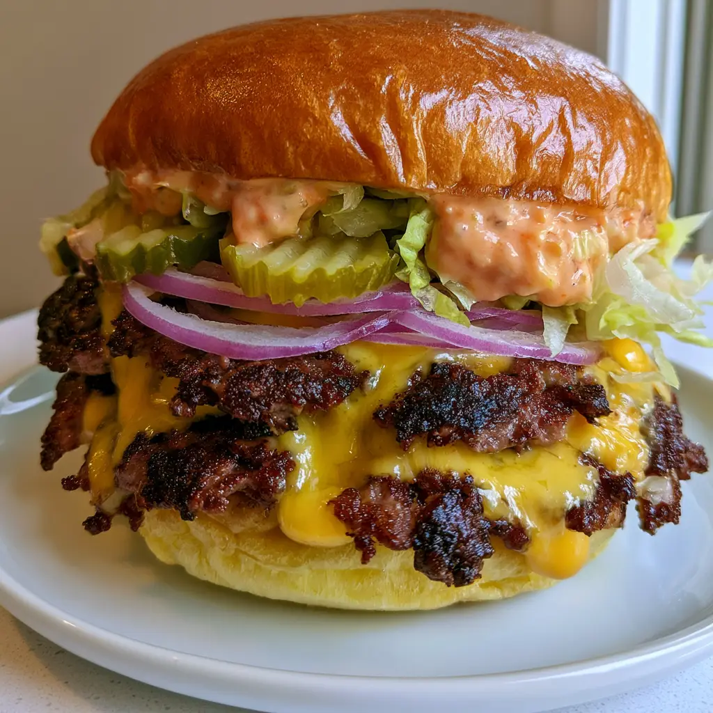 A handheld shot of a double cheeseburger showing layers of shredded lettuce, crinkle-cut pickles, and creamy orange sauce on a brioche bun.
