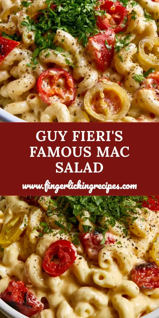 A vibrant Mac-Daddi-Roni Salad in a white bowl showing creamy pasta, charred peppers, and parsley garnish.