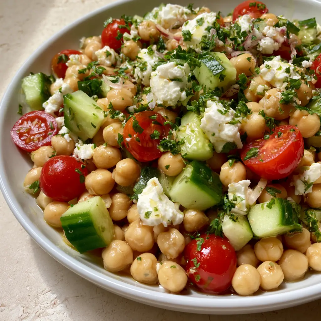 Detailed shot of finely minced parsley and thin red onion slivers atop a High-Protein Chickpea Salad.