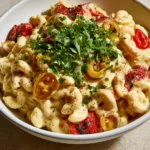 Close-up of Mac-Daddi-Roni Salad highlighting the glossy garlic mayo-mustard dressing and al dente elbow macaroni.