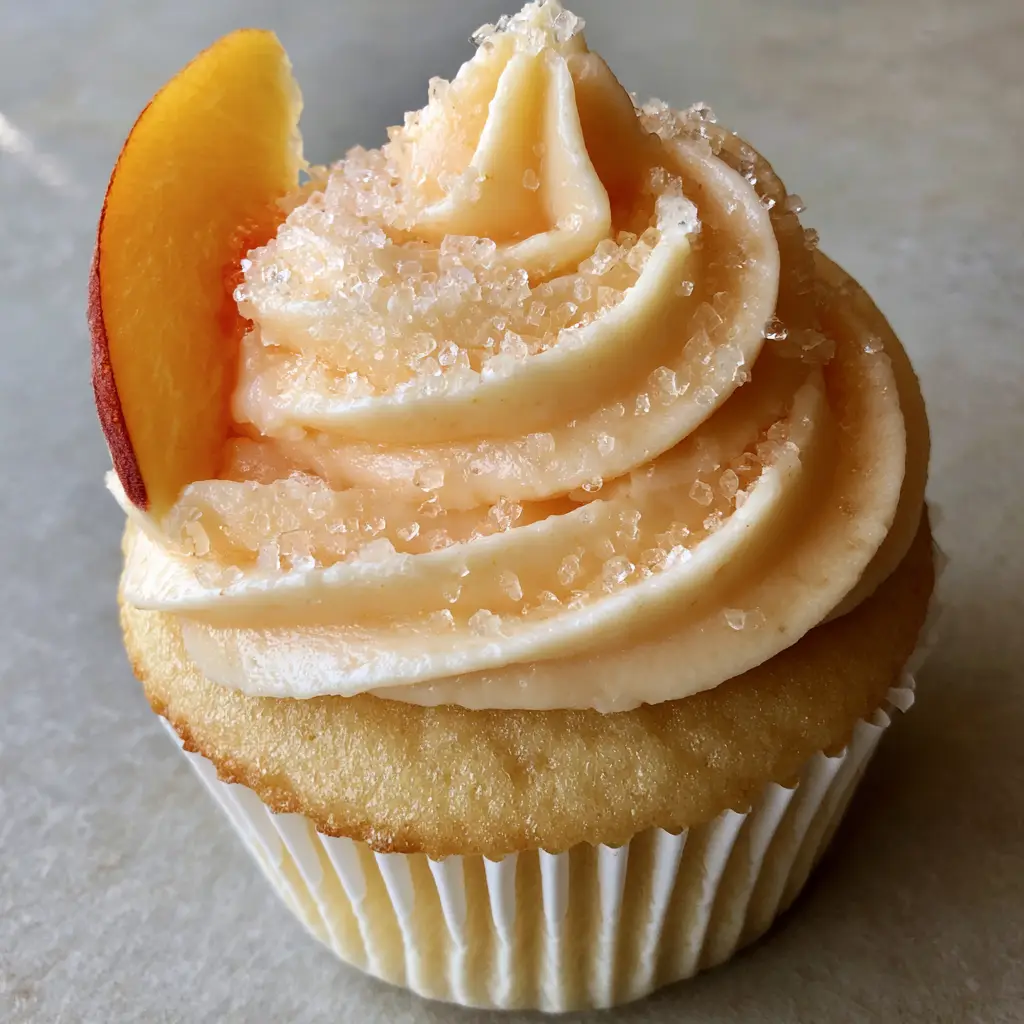 Peach Bellini Cupcakes showing the fresh peach wedge garnish and coarse translucent sugar crystals under natural light.