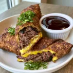 Close-up handheld photo of BBQ Brisket Egg Rolls on a white plate with green scallions. (BBQ Brisket Egg Rolls)