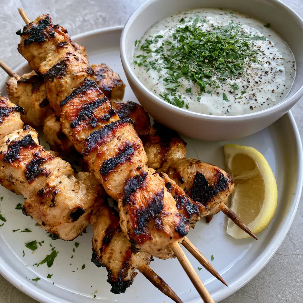 Close-up of thick creamy garlic sauce garnished with fresh parsley and black pepper next to Grilled Chicken Bites.