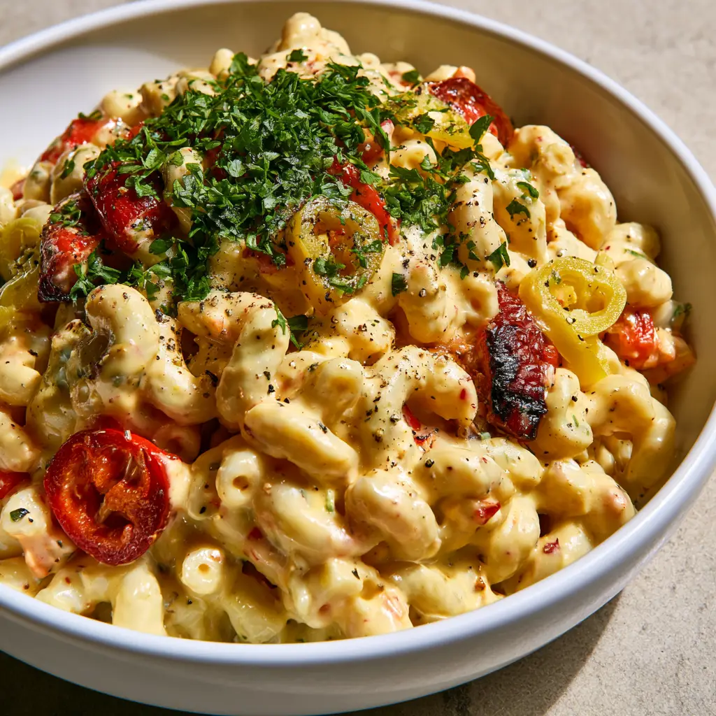 Wide shot of Mac-Daddi-Roni Salad showing charred roasted red peppers, sliced peppadews, and pepperoncini rings.