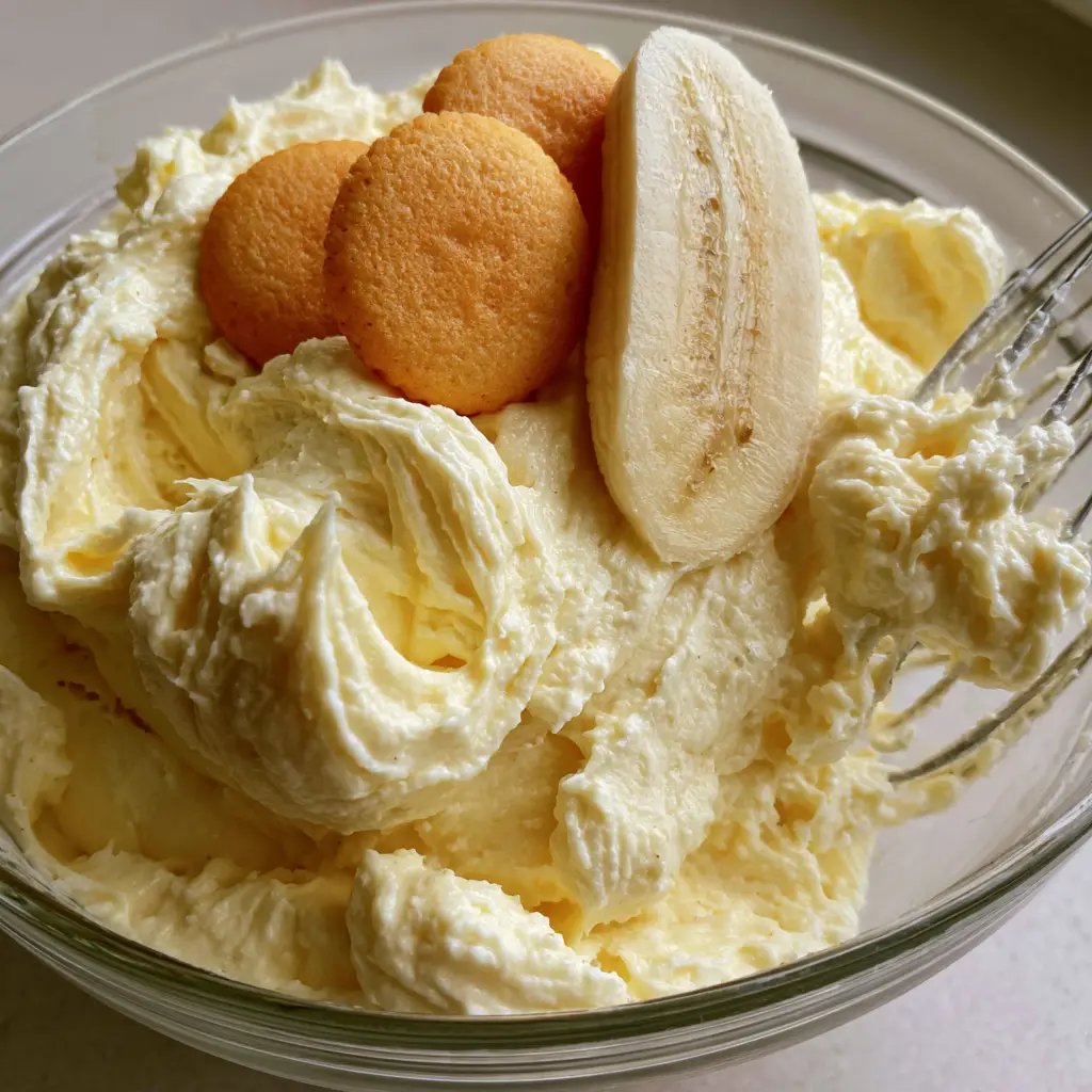 Overhead view of banana pudding frosting garnished with three vanilla wafers and a banana slice.