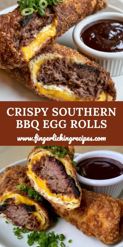 BBQ Brisket Egg Rolls: The Ultimate Crispy Smoked Appetizer 5 A stack of crispy BBQ Brisket Egg Rolls sliced diagonally showing the brisket and cheese filling with a side of BBQ sauce.