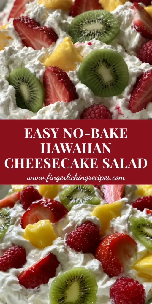 A close-up vertical shot of Hawaiian Cheesecake Salad in a white bowl, featuring thick whipped cream, bright red strawberries, and green kiwi slices.
