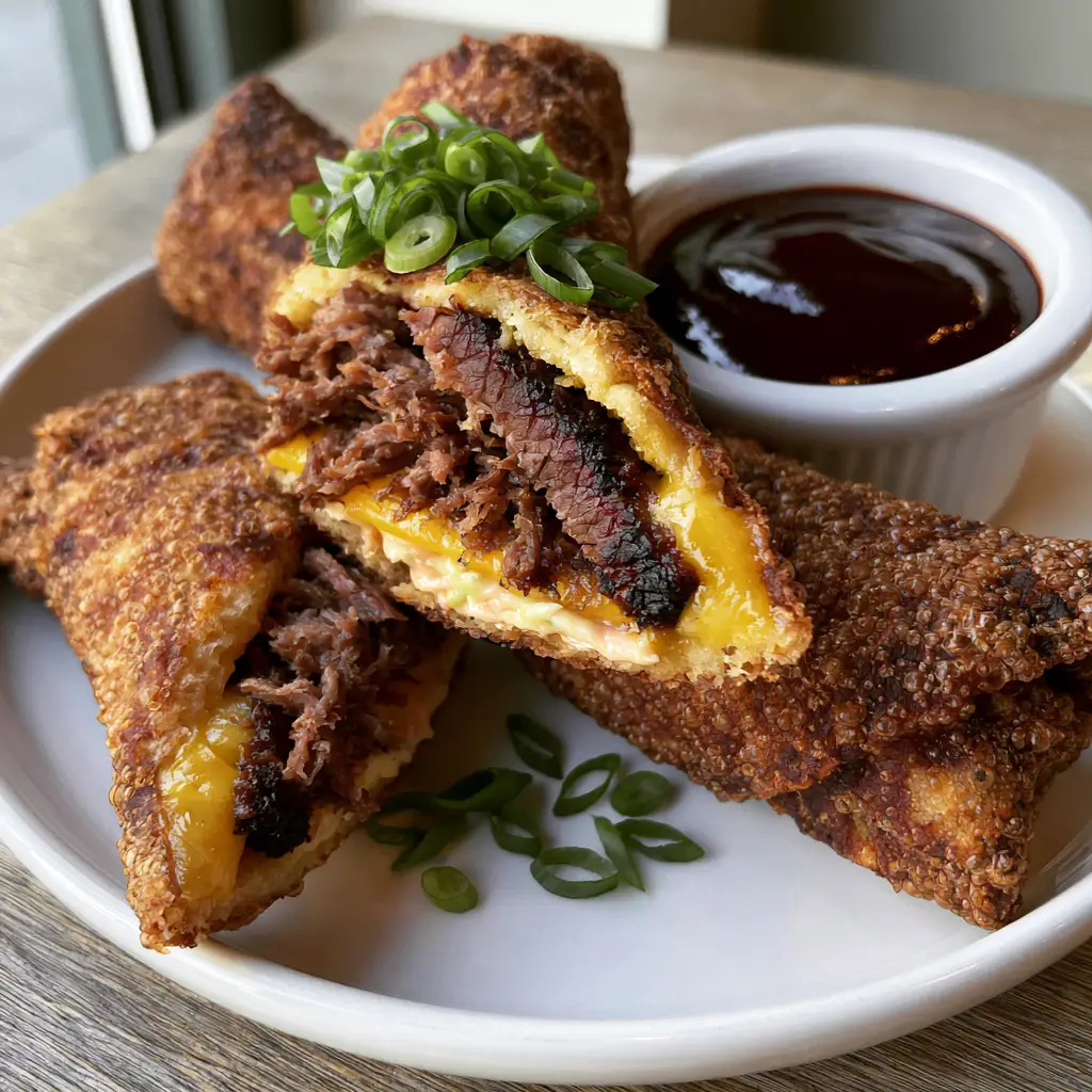 BBQ Brisket Egg Rolls: The Ultimate Crispy Smoked Appetizer 2 Top view of Southern-style BBQ Brisket Egg Rolls sliced to show melted cheese and brisket filling.