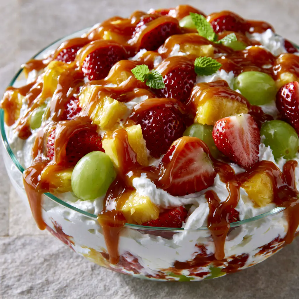 Cheesecake Fruit Salad With Velvety Caramel Drizzle 3 Eye-level close-up of a Cheesecake Fruit Salad in a glass bowl with visible layers of whipped cream, red strawberries, and golden caramel sauce.