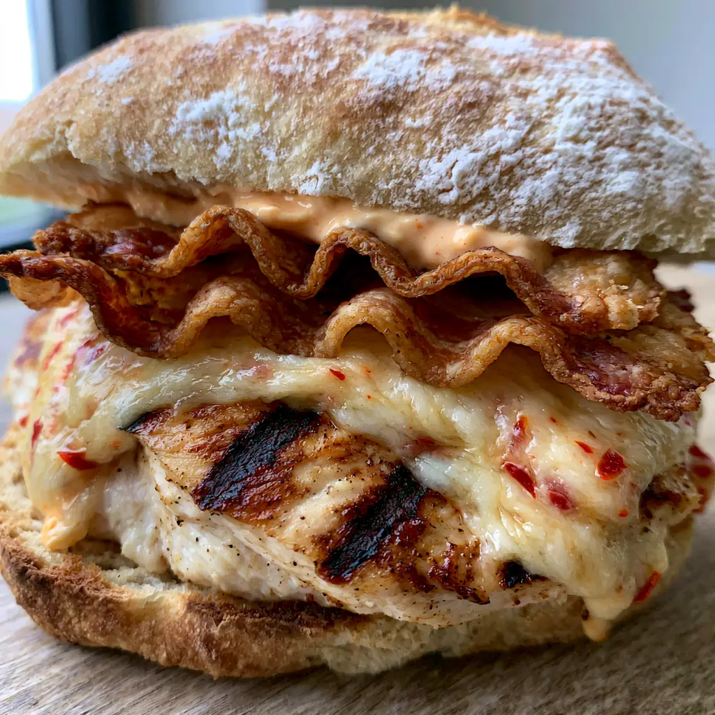 Grilled Chicken Bacon Ciabatta with Spicy Chipotle Mayo 2 A stack of three wavy bacon strips on top of melted pepper jack cheese in a Grilled Chicken Bacon Ciabatta.