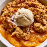 Peach Cobbler with Oatmeal Crumble: The Ultimate Buttery Summer Dessert A close-up of bubbling Peach Cobbler with Oatmeal Crumble showing toasted oat flakes and syrupy peaches.