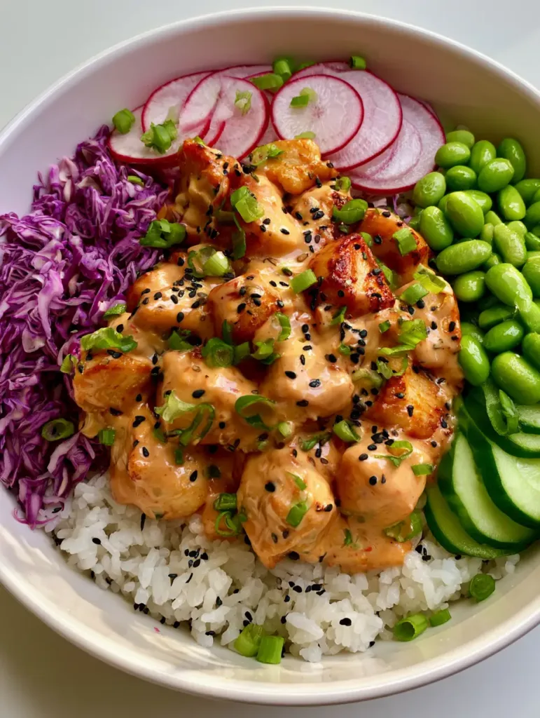 A white ceramic bowl filled with steamed rice, bang bang chicken, edamame, and thinly sliced radishes.
