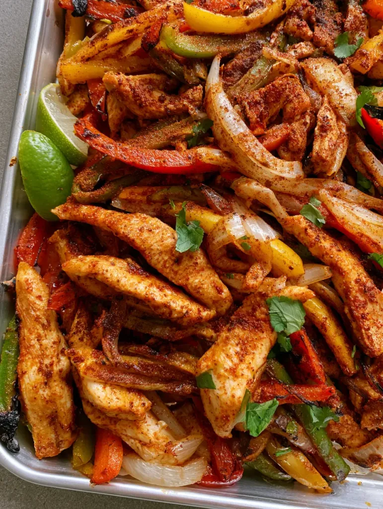 Close-up of caramelized white onions and smoky chili seasoning dusting chicken and peppers. (Sheet Pan Chicken Fajitas)