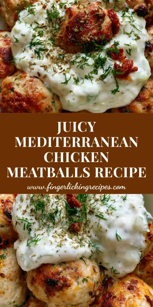 A top-down view of golden-brown Mediterranean Chicken Meatballs in a white bowl topped with tzatziki, sun-dried tomatoes, and fresh dill.