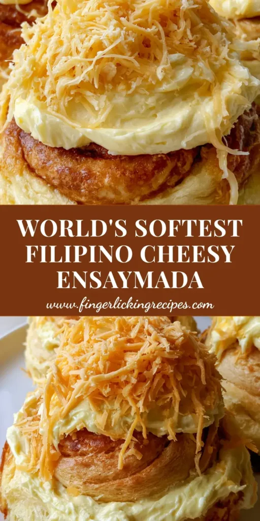 A close-up of Filipino Ensaymada rolls with spiraled dough, thick buttercream, and a messy mound of shredded cheddar cheese. (Filipino Ensaymada Recipe)