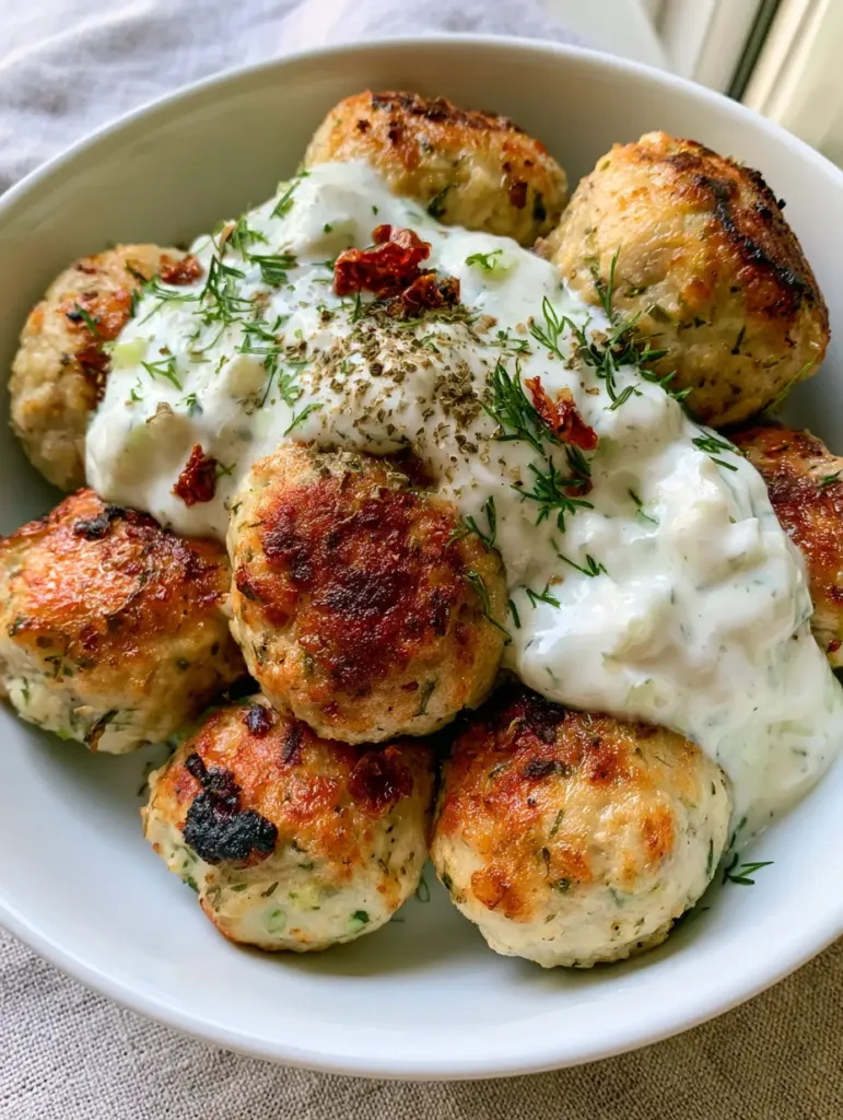 Close-up of seared Mediterranean Chicken Meatballs with charred edges and green herb flecks in a ceramic bowl.