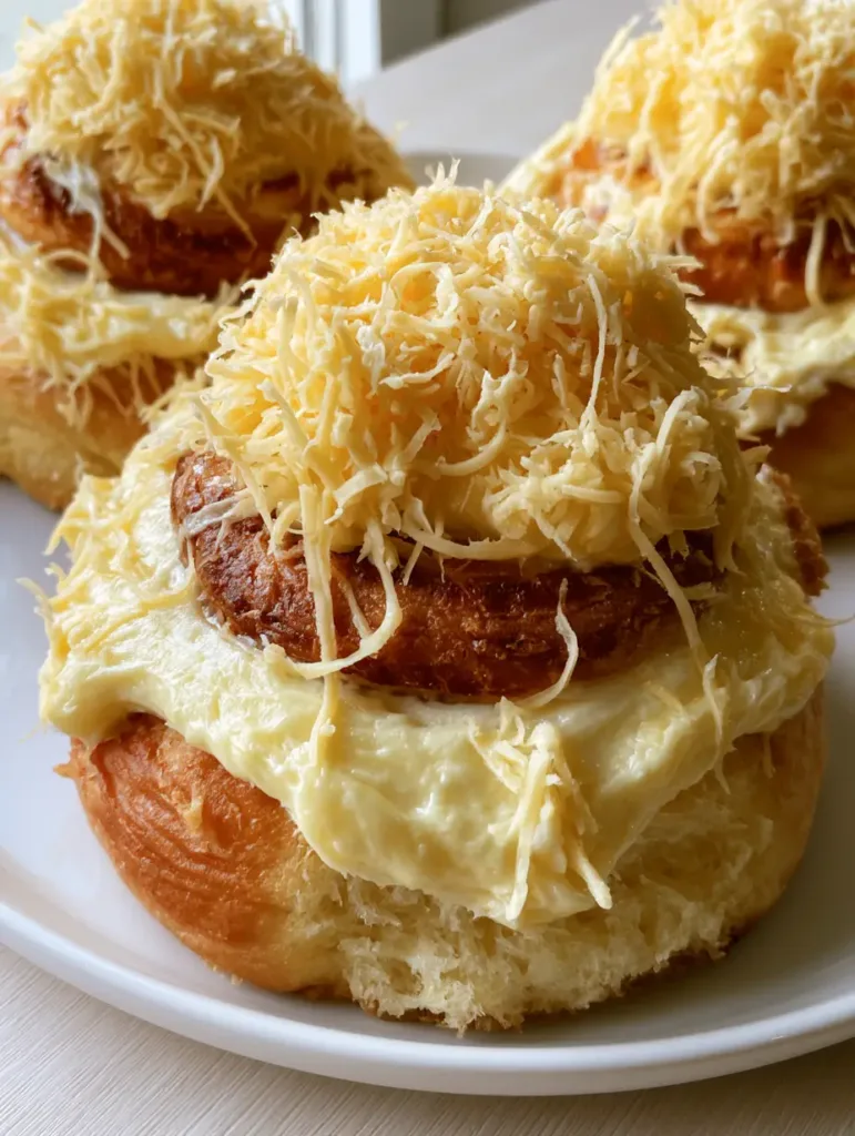 Close-up of golden-brown spiraled Ensaymada rolls on a white plate with visible airy crumb. (Filipino Ensaymada Recipe)