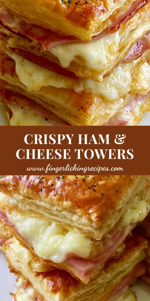 Close-up of rectangular Ham and Cheese Puff Pastry towers stacked on a white plate with poppy seeds and parsley flakes.