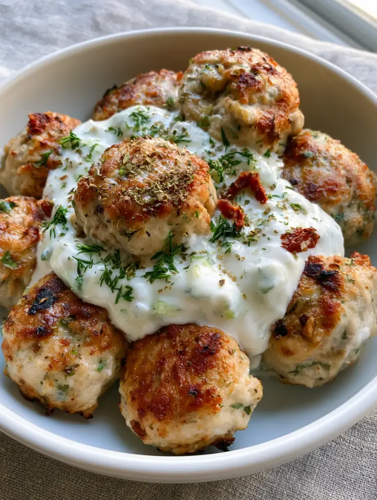 Mediterranean Chicken Meatballs topped with creamy white tzatziki sauce and small chunks of cucumber.