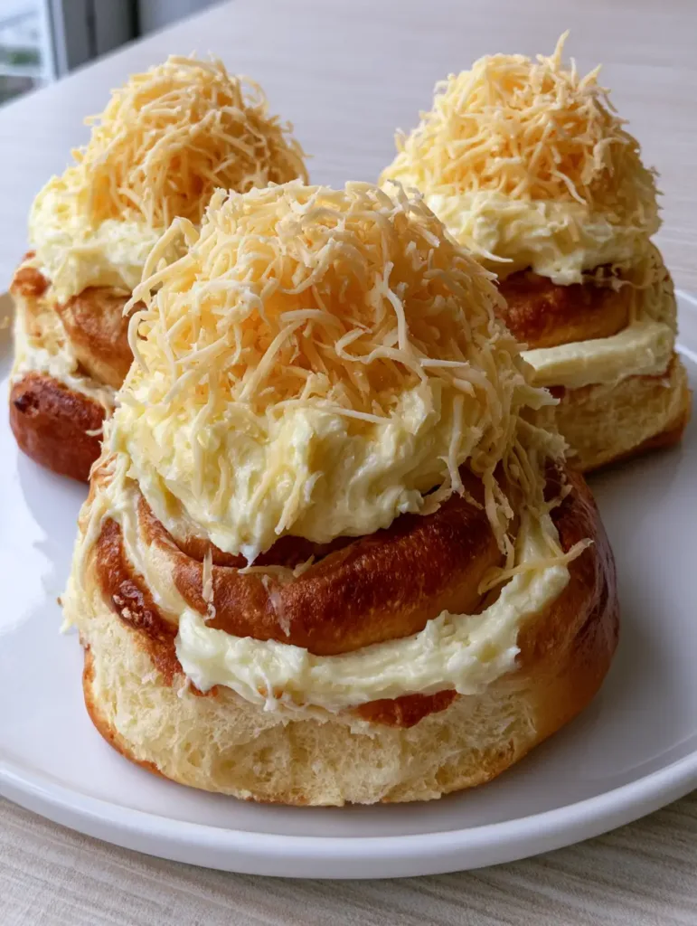 Multiple Ensaymada rolls piled high with fine cheddar cheese strands and pale yellow buttercream. (Filipino Ensaymada Recipe)