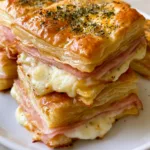 A stack of golden flaky Ham and Cheese Puff Pastry towers featuring melty Swiss cheese and poppy seeds.