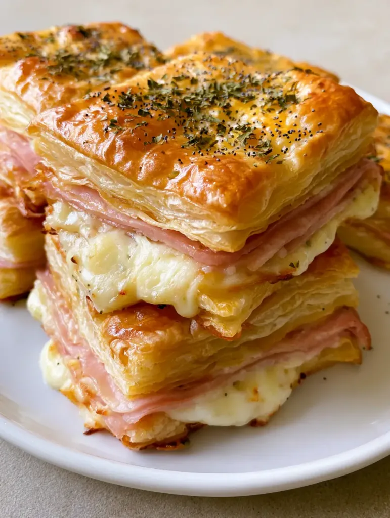 A stack of golden flaky Ham and Cheese Puff Pastry towers featuring melty Swiss cheese and poppy seeds.
