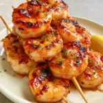 Grilled Shrimp Recipe with Honey Garlic Glaze Close-up of jumbo shrimp skewers with glossy amber honey glaze and dark grill marks. (Grilled Shrimp Recipe)