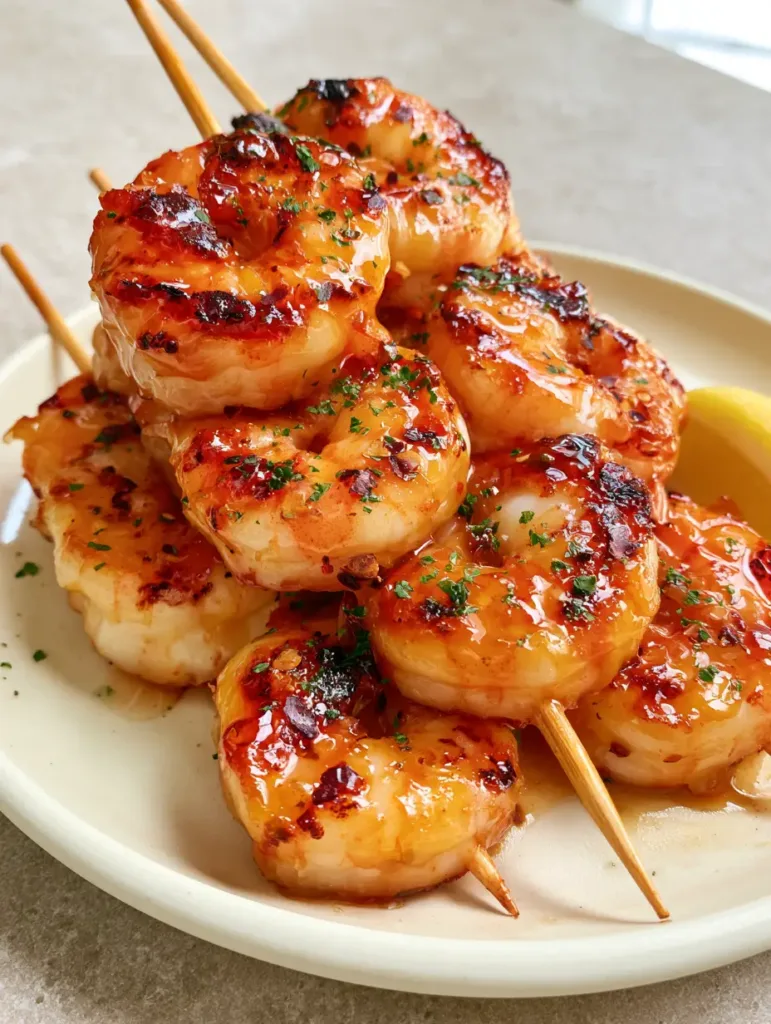 Close-up of jumbo shrimp skewers with glossy amber honey glaze and dark grill marks. (Grilled Shrimp Recipe)