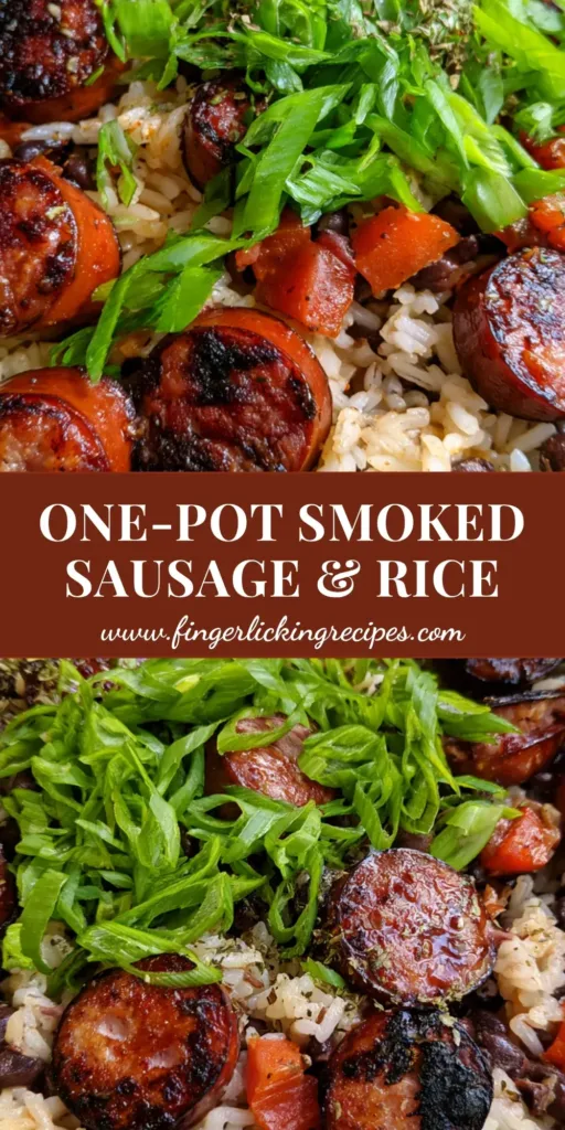 A top-down view of a rustic black cast iron skillet filled with One-Pot Black Beans and Rice, featuring seared sausage and green onions.