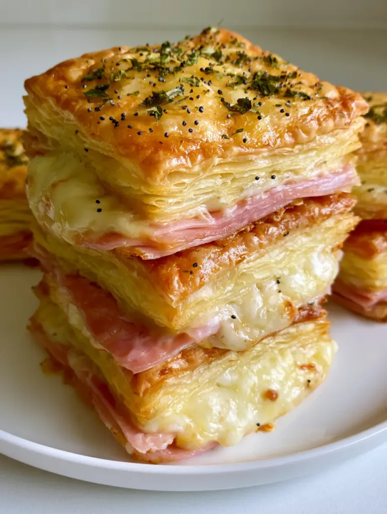 Detail shot of the bubbly Swiss cheese and glossy egg wash finish on a Ham and Cheese Puff Pastry.