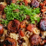 Rustic cast iron skillet filled with fluffy white rice, black beans, seared sausage rounds, and diced red peppers. (One-Pot Black Beans and Rice)
