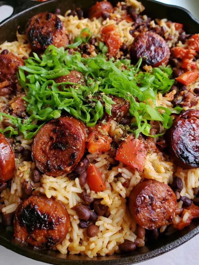 Rustic cast iron skillet filled with fluffy white rice, black beans, seared sausage rounds, and diced red peppers. (One-Pot Black Beans and Rice)
