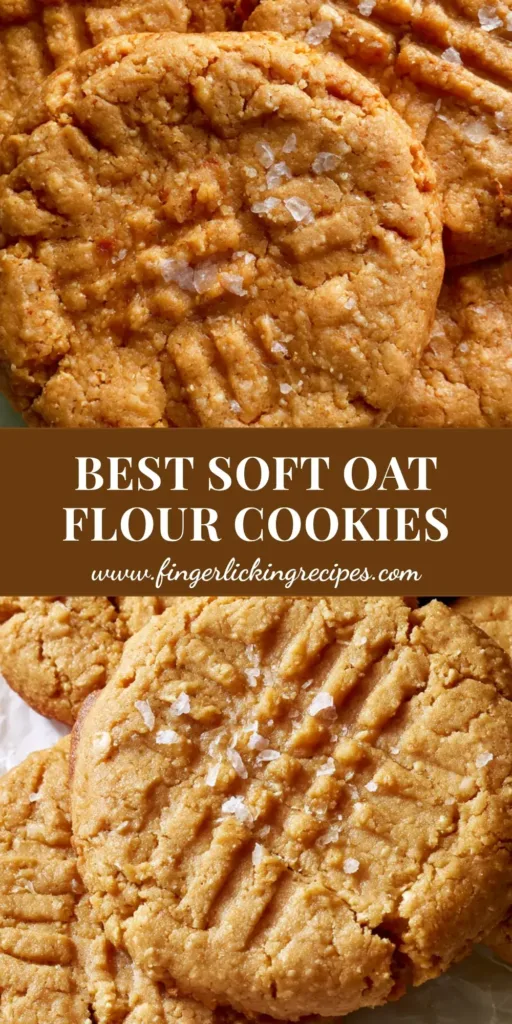 A close-up shot of thick Oat Flour Peanut Butter Cookies with a fork-pressed cross-hatch pattern and flaky sea salt on crumpled parchment paper.