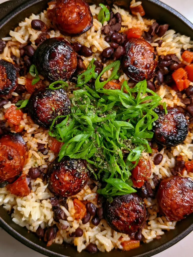 Close-up view of fluffy long-grain rice mixed with tender black beans and bright green onions. (One-Pot Black Beans and Rice)