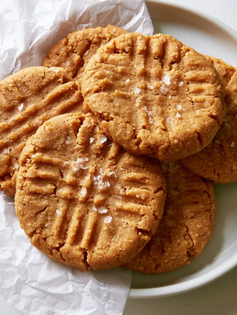 High-angle shot of golden-brown Oat Flour Peanut Butter Cookies stacked on a white ceramic plate with visible rustic cracked edges.