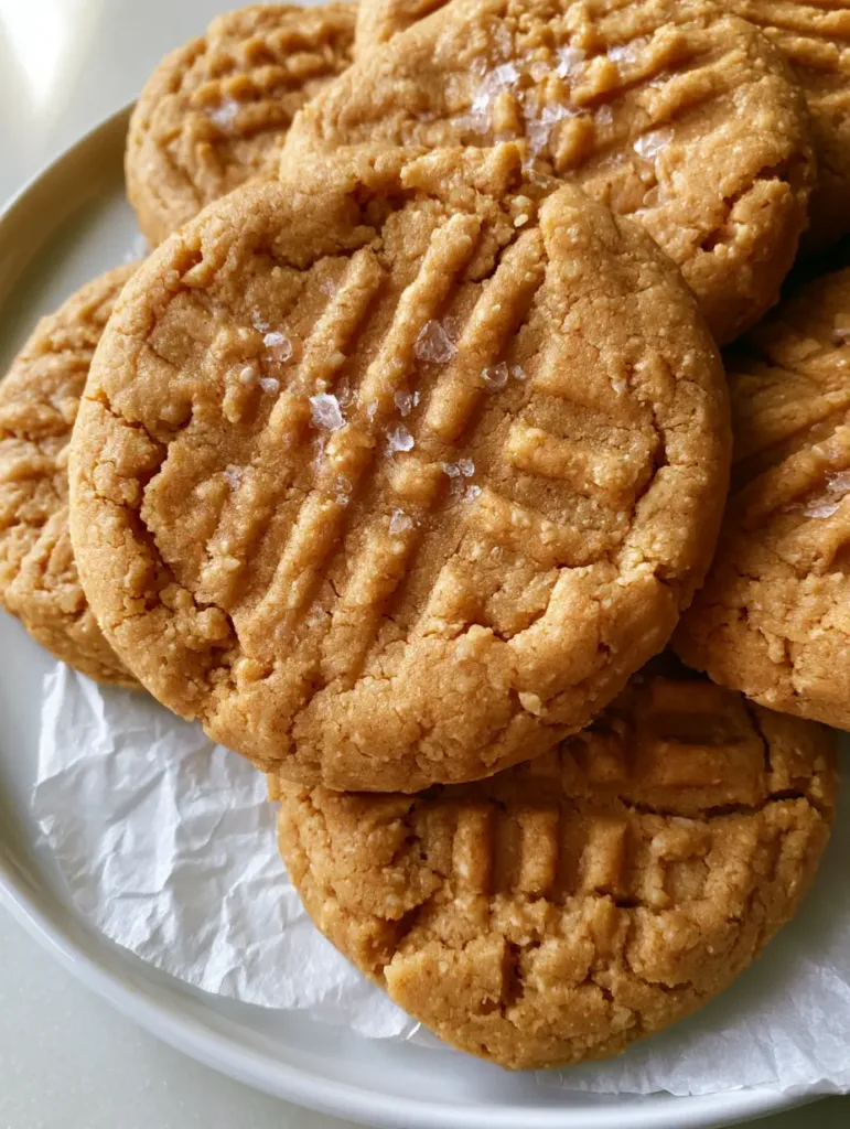 Close-up of the fork-press cross-hatch pattern on an Oat Flour Peanut Butter Cookie with grains of flaky sea salt.