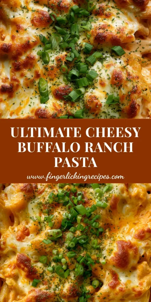 A close-up, top-down view of a Buffalo Ranch Chicken Pasta Bake in a white ceramic dish featuring melted cheese with golden-brown spots and green onion garnish.