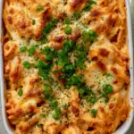 Buffalo Ranch Chicken Pasta Bake: The Ultimate Creamy Cheesy Casserole A top-down smartphone photo of Buffalo Ranch Chicken Pasta Bake with penne, shredded chicken, and bubbly toasted cheese.