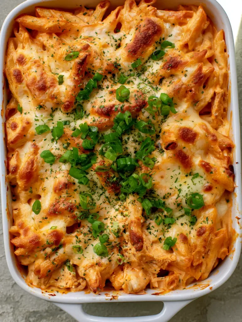 A top-down smartphone photo of Buffalo Ranch Chicken Pasta Bake with penne, shredded chicken, and bubbly toasted cheese.