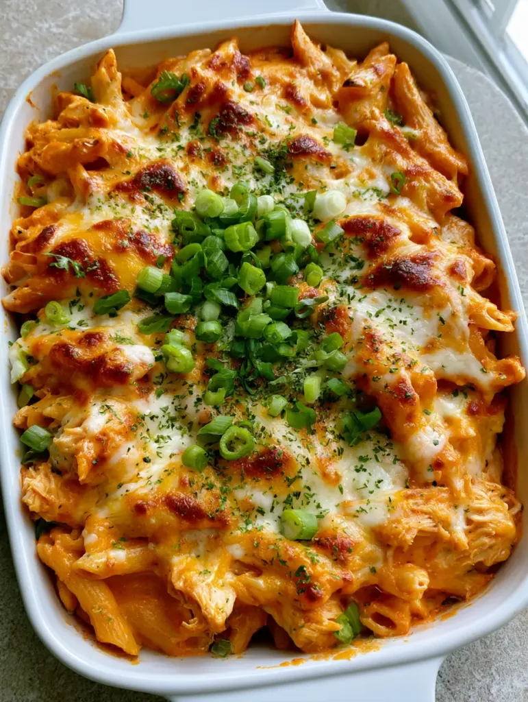 Close-up of the bubbling mozzarella and cheddar topping on a Buffalo Ranch Chicken Pasta Bake with green scallions.