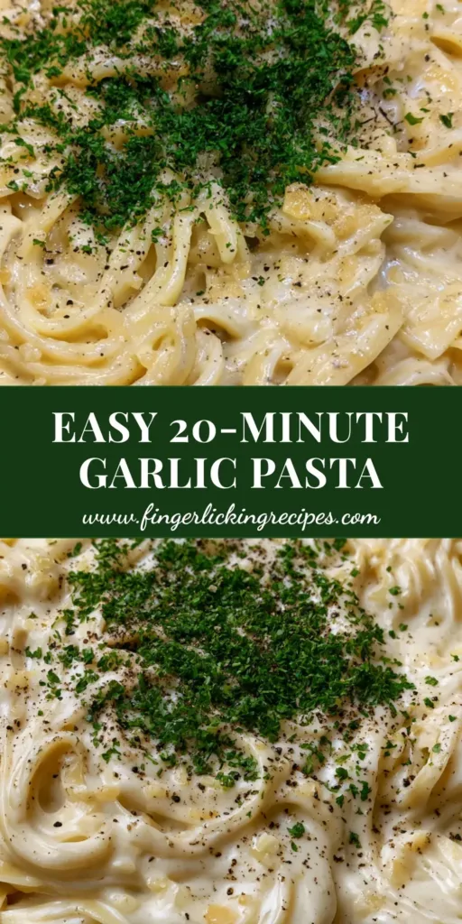 One Pot Creamy Garlic Pasta: A Silky 20-Minute Dinner Masterpiece 4 A shallow black cast iron skillet filled with One Pot Creamy Garlic Pasta, showing glossy ivory sauce, fresh parsley, and cracked pepper.